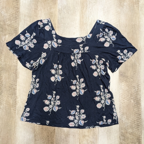Lucky Brand Navy Blue Square Neck Top Floral Print Women's Size Large - Picture 6 of 8
